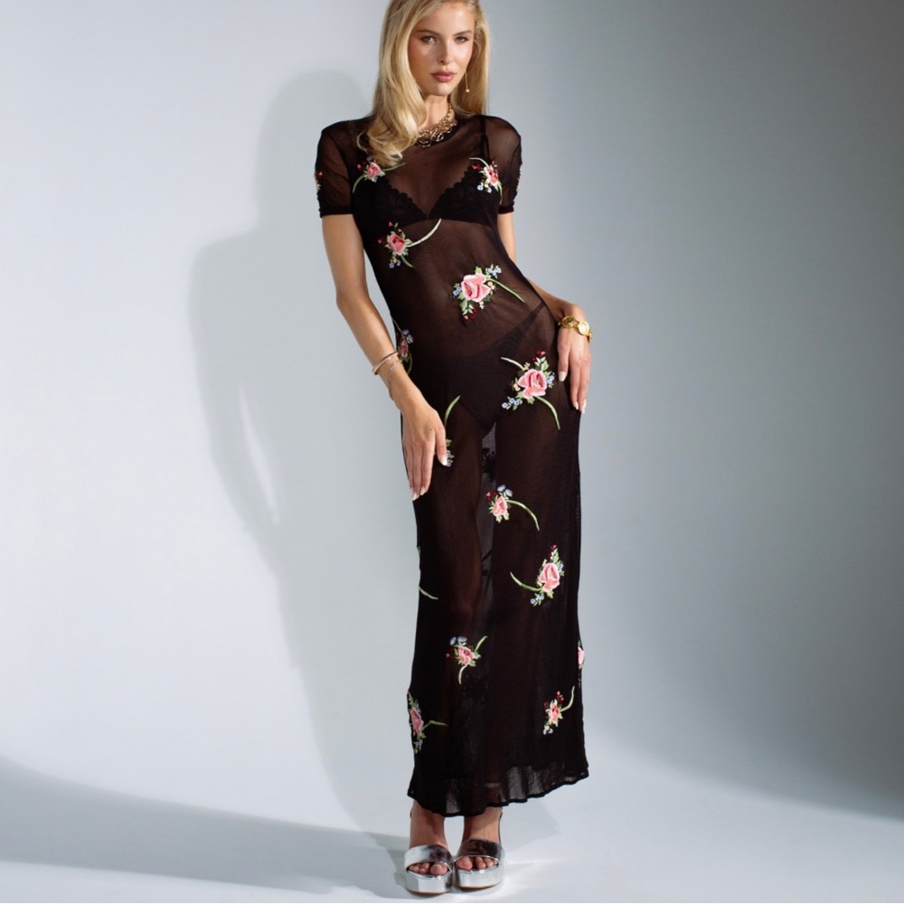 Vintage Vivienne Tam Floral Mesh Maxi 1990s Dress